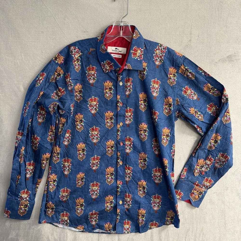 Claudio Lugli Shirt‎ Mens XL Blue Skull Crown Print Long Sleeve Button Up Casual